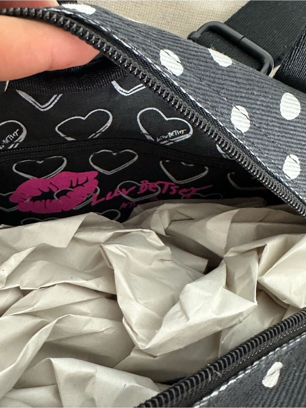 Betsey Johnson Black & White Polka Dot Heart Patch Backpack - Picture 13 of 16